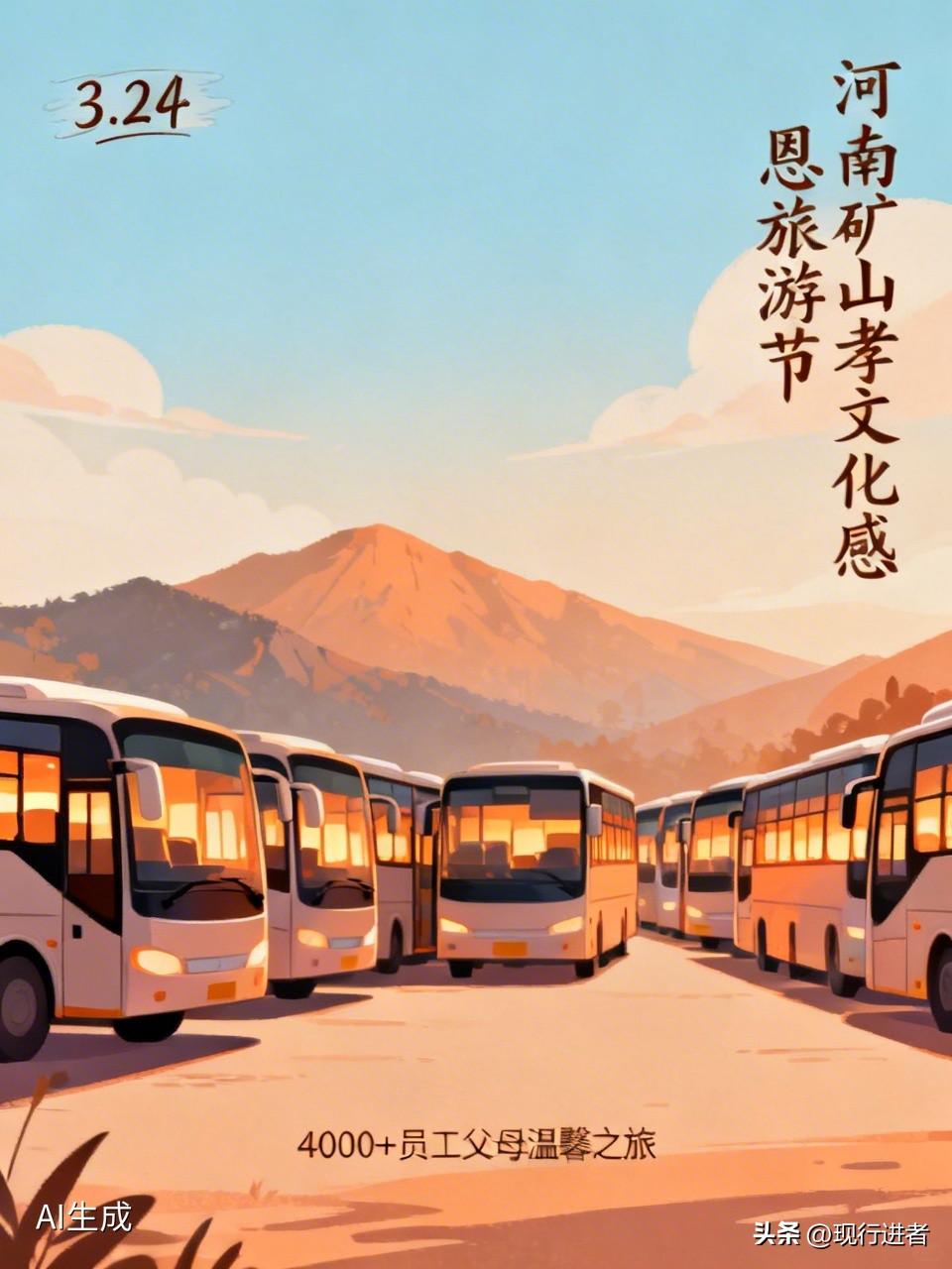 3月24日，河南矿山第十四届孝文化感恩旅游节暖心启幕。78辆旅游大巴整齐列队，载