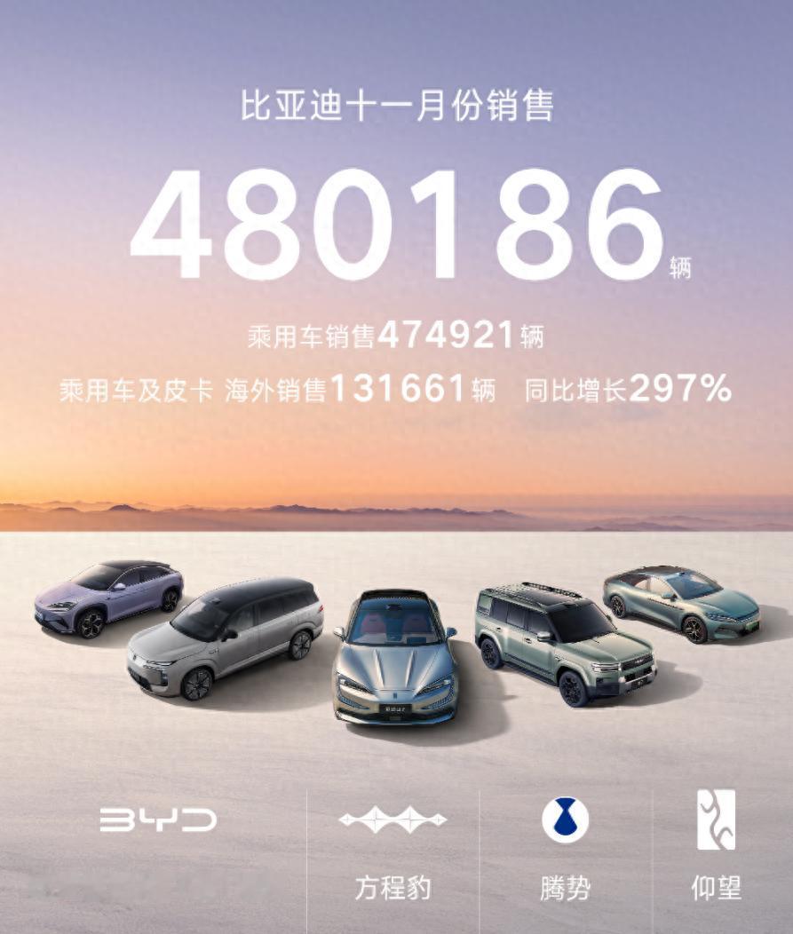 比亚迪：11月份大卖480186辆，年度目标完成91%

比亚迪11月的成绩单一