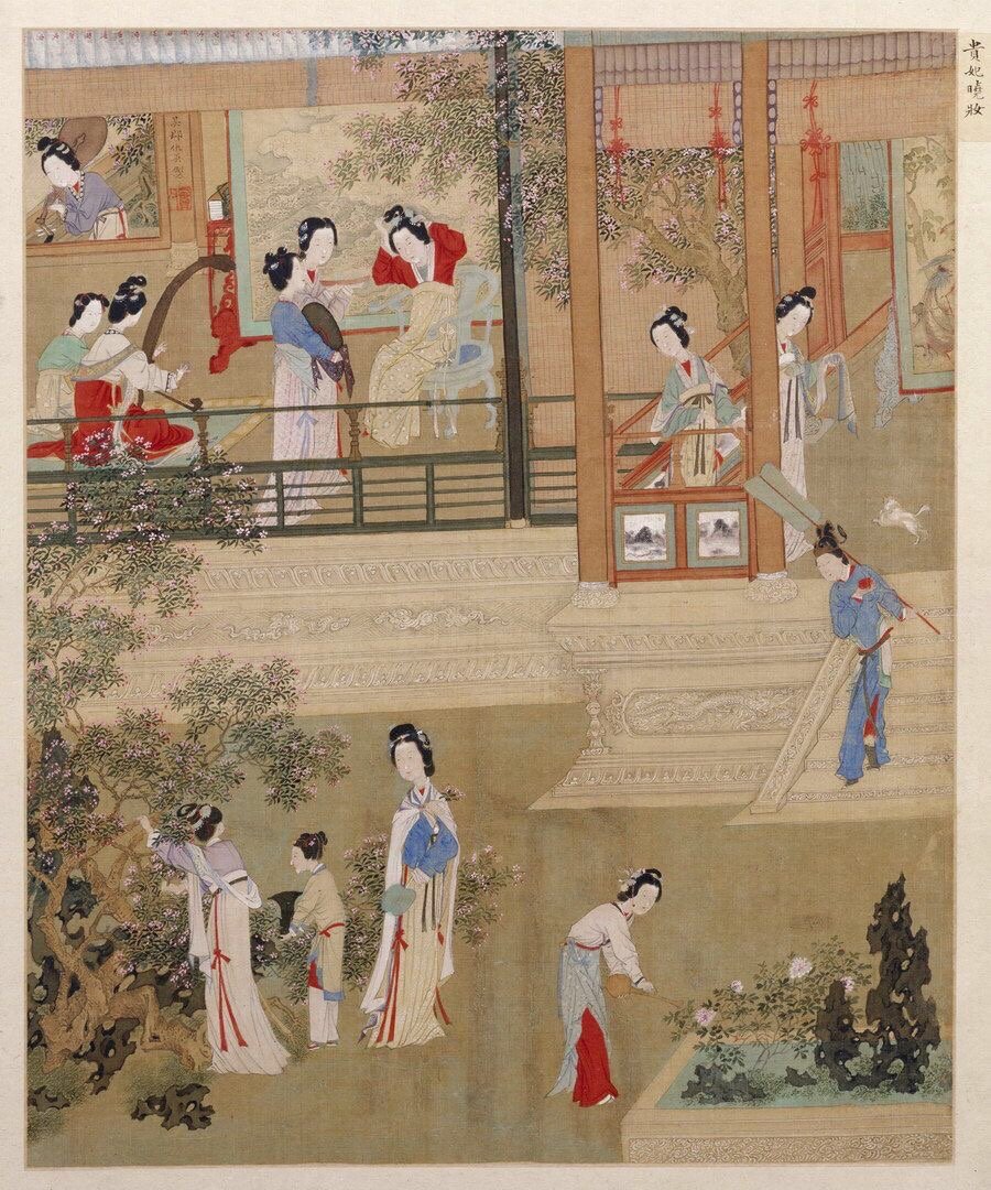 唐朝女子图鉴 · 杨贵妃①仇英《人物故事图》册·贵妃晓妆  北京故宫博物院藏②张