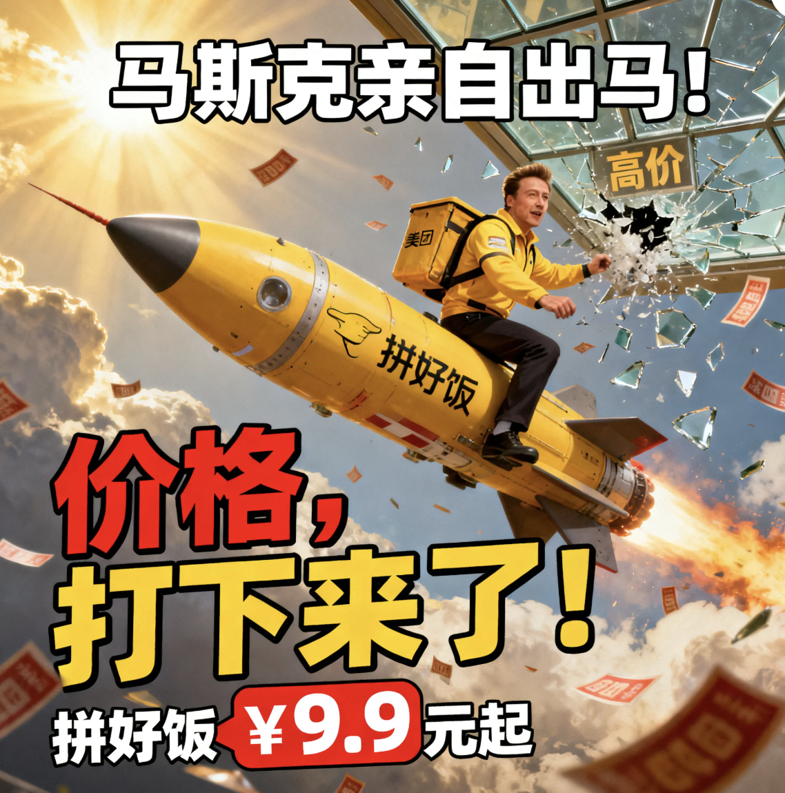 以为马斯克真加入拼好饭了认真看了马斯克拼好饭的官宣海报，排版、文案、logo 全