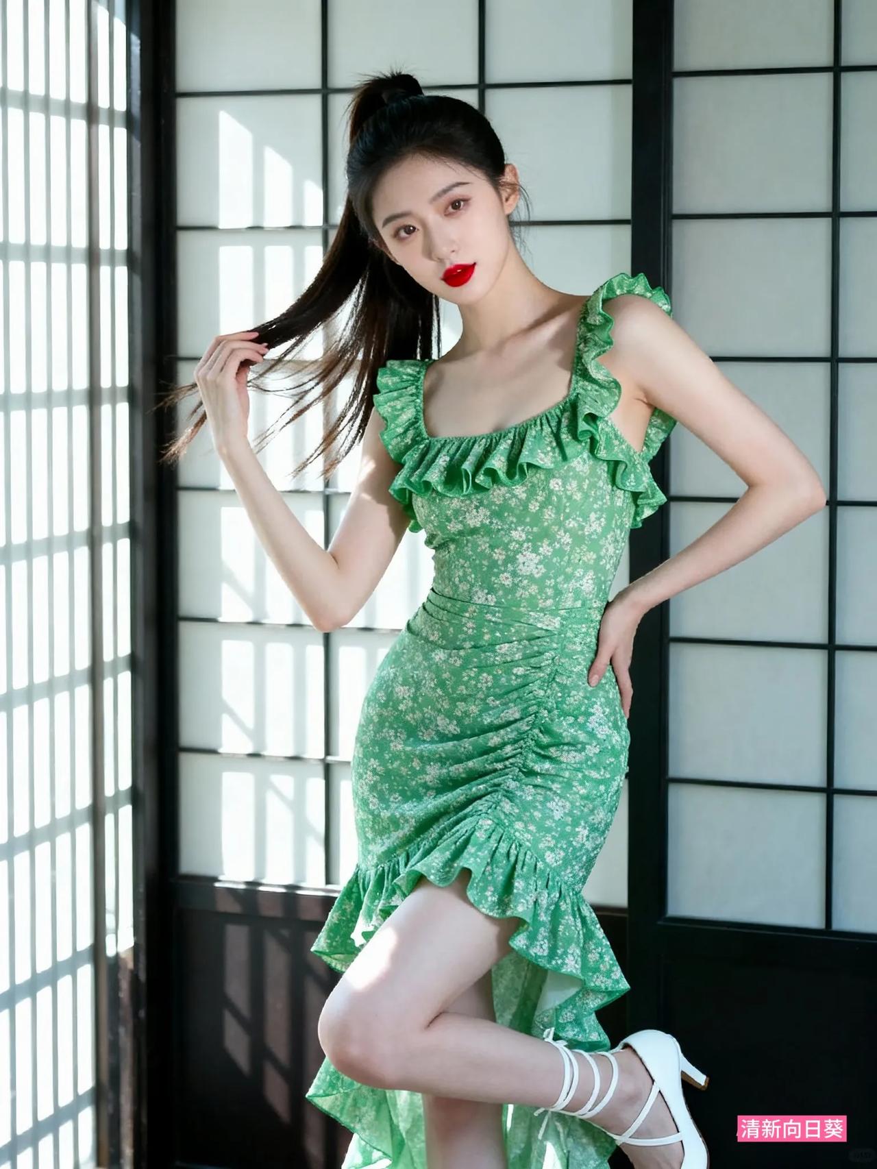 绿裙映日影，红唇映春光。