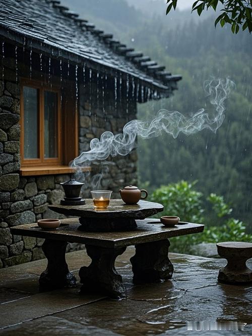上联：茶烟淡淡闲听雨，
下联：竹影疏疏静看云，
下联：雪絮飘飘独闻香。