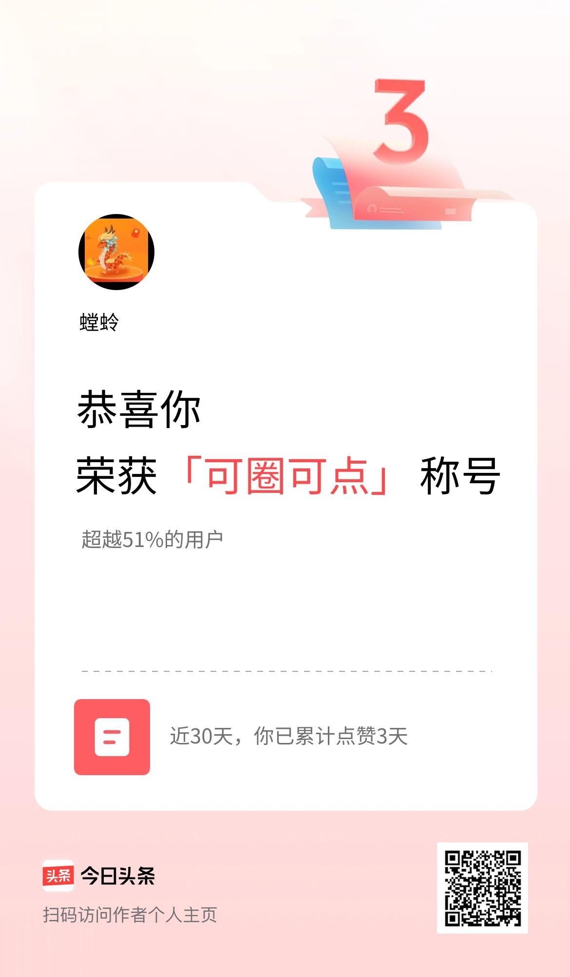 我在头条30天内点赞打卡3天，获得“可圈可点”称号