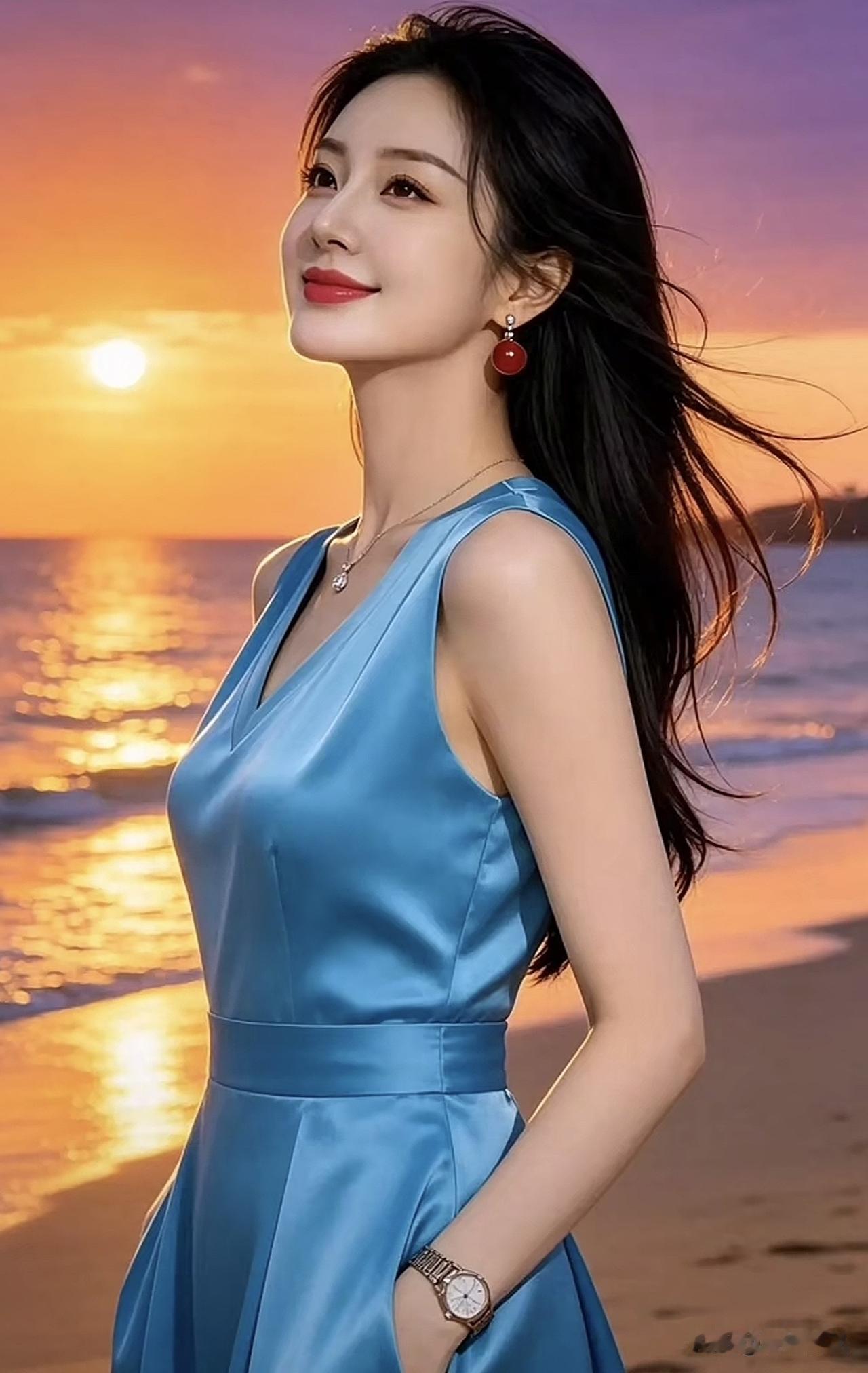 海边日落，温柔时光，蓝色裙摆，红唇微笑。海边日落氛围照 海边红裙大片 海滨长裙写