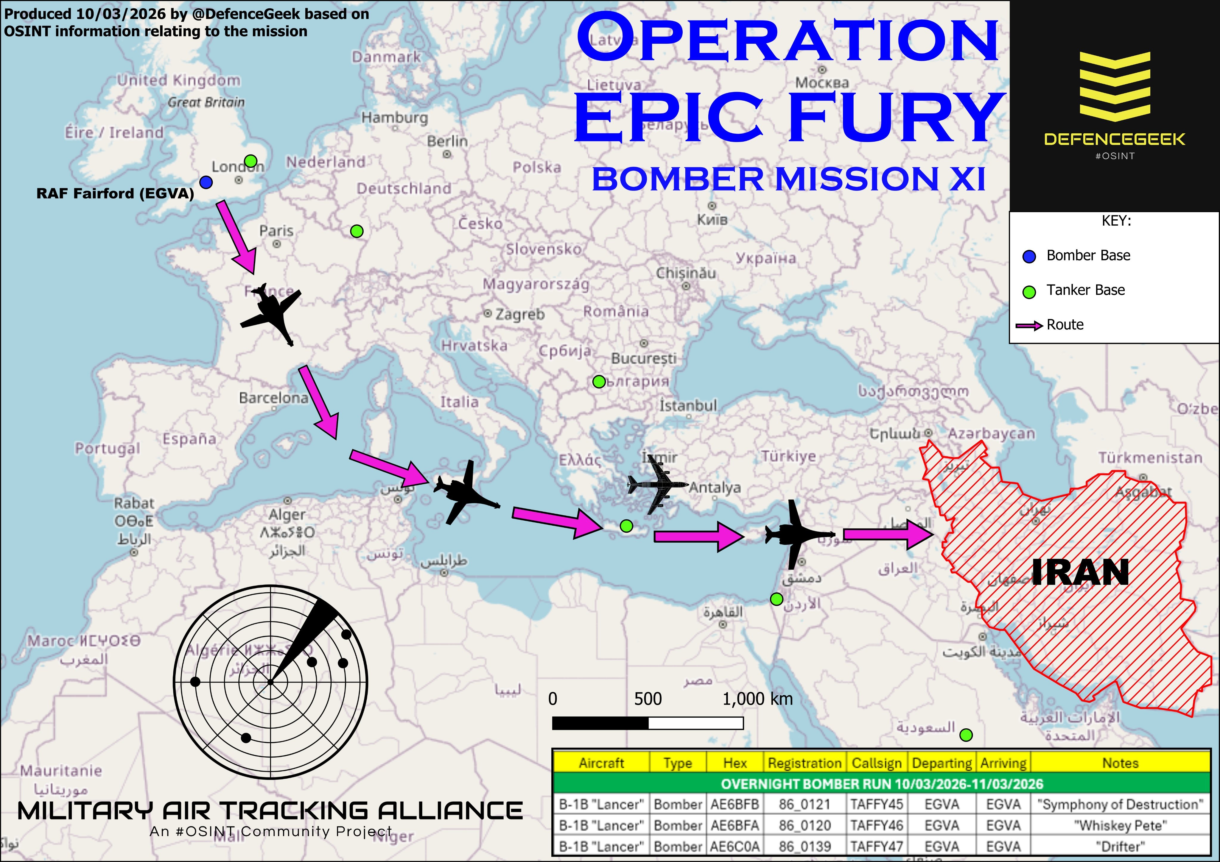 美伊以冲突中东局势  美国轰炸机第11次任务 - 首次从费尔福德皇家空军基地出发