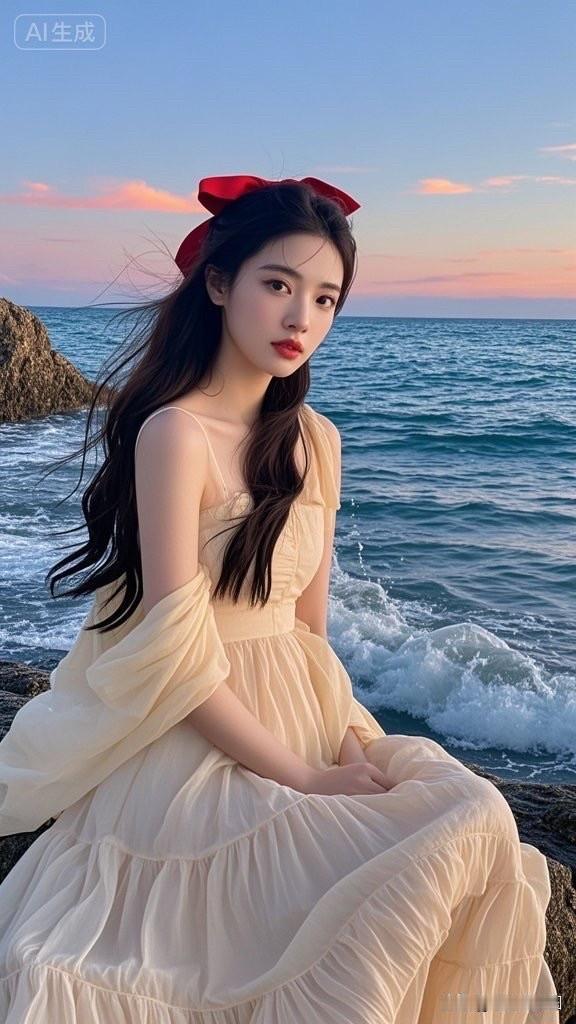 海边少女，红蝴蝶结，温柔时光