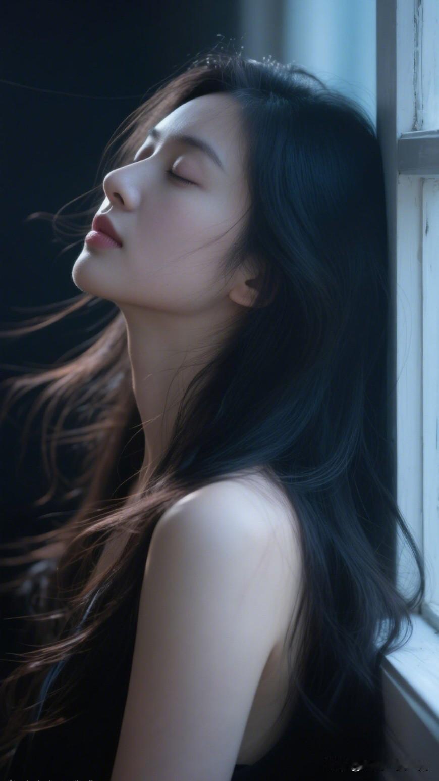 窗边沉思的少女，黑发飘逸，宁静如梦。一个女人的外貌重要吗
