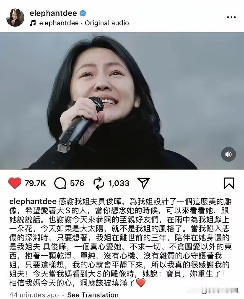 完成大S去世一周年的雕像仪式
小S更新ins了
表达有点不符合逻辑
没有提及姐姐