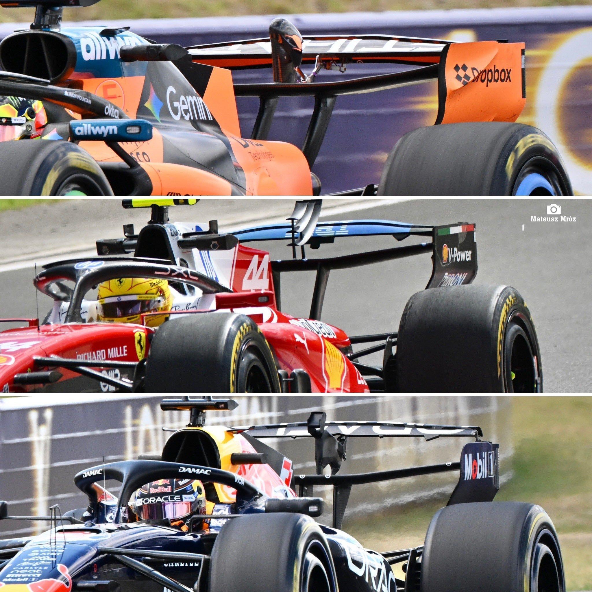 F12026F1匈牙利大奖赛 迈凯伦、法拉利和红牛翻转尾翼的开口对比 