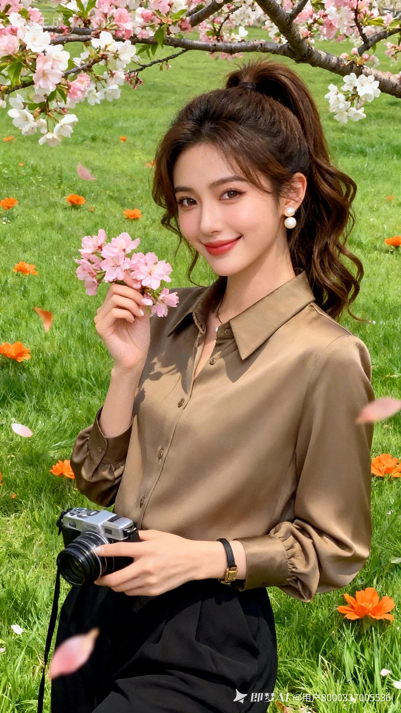 高颜值女子妆容精致妩媚浅笑，棕色高马尾微卷，佩戴珍珠耳钉。身着同款服饰，一手执粉