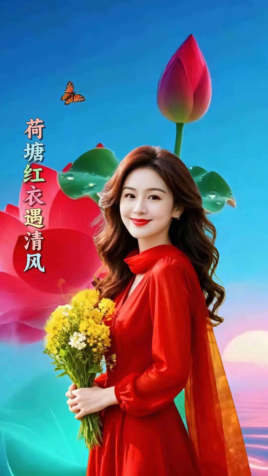 穿红裙子的美女手捧鲜花。