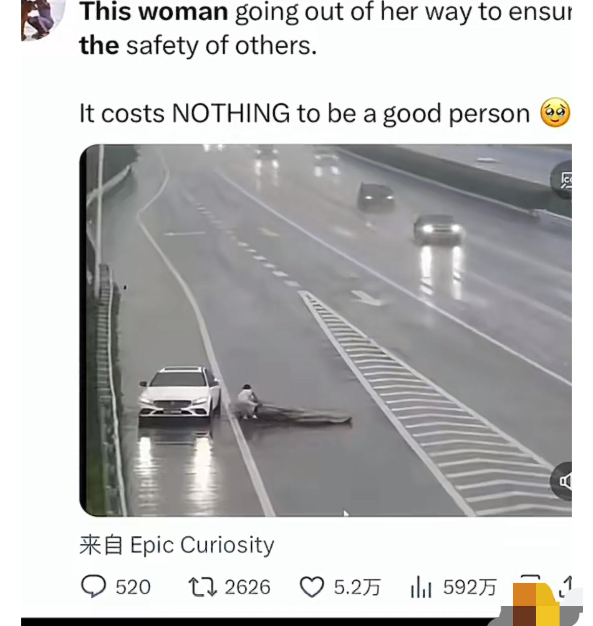 最近，一段中国南京女车主的视频在海外火了。

事情发生在去年八月。南京机场高速上