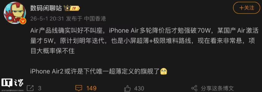 【iPhoneAir销量曝光曝iPhoneAir销量勉强破70万台】5 月 1 