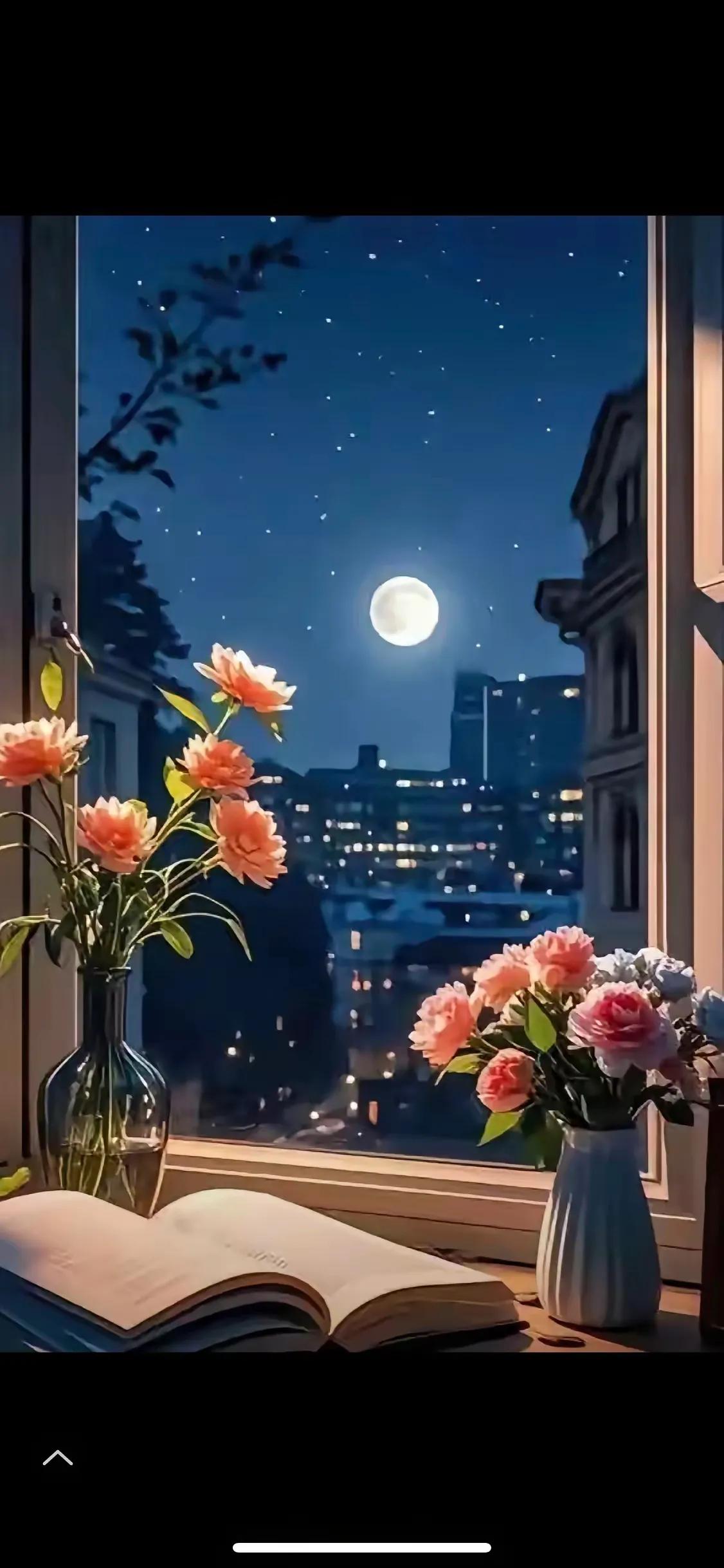 抬头望月，月不语；
低首问花，花无言。
横批：《花与月》