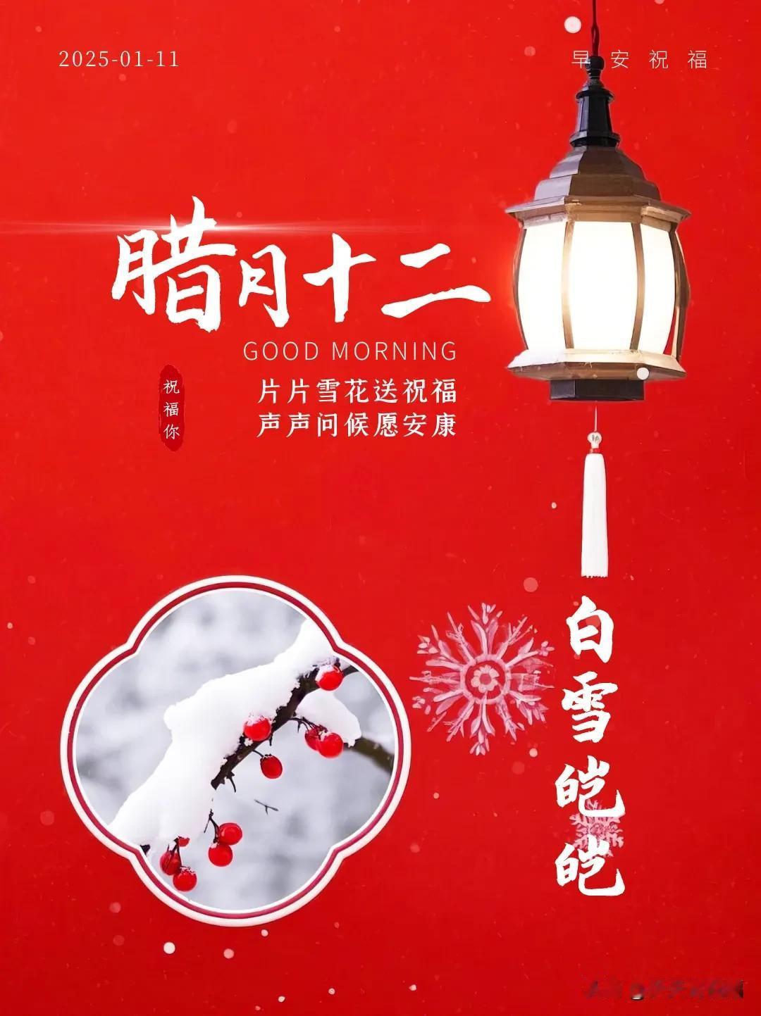 1月11日早晨吉祥祝福：腊月十二，片片雪花送祝福，声声问候愿安康！
（长按图片保