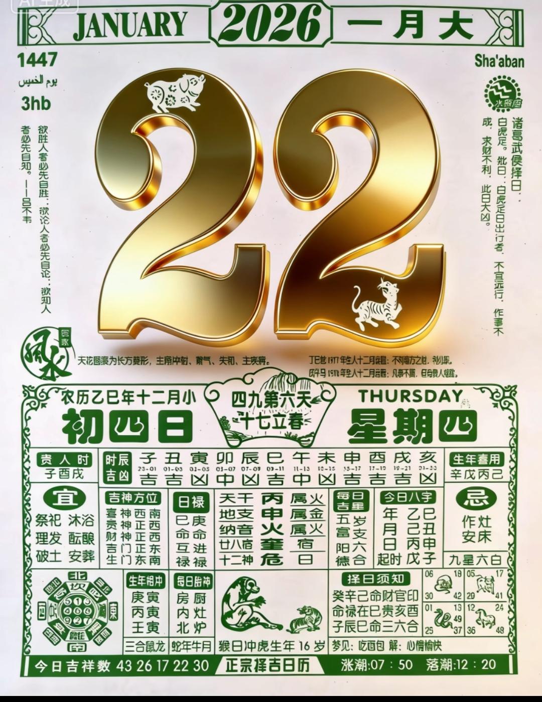 来啊，坐一坐，来瞅瞅2026年1月22日这天啊……这天是农历腊月初四，星期四。老