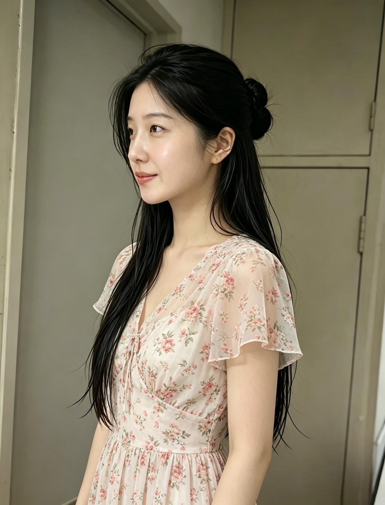 柔粉碎花落在裙衫
半挽的发髻
藏住少女的清甜
侧脸温柔舒展
像一阵拂面的暖风
轻