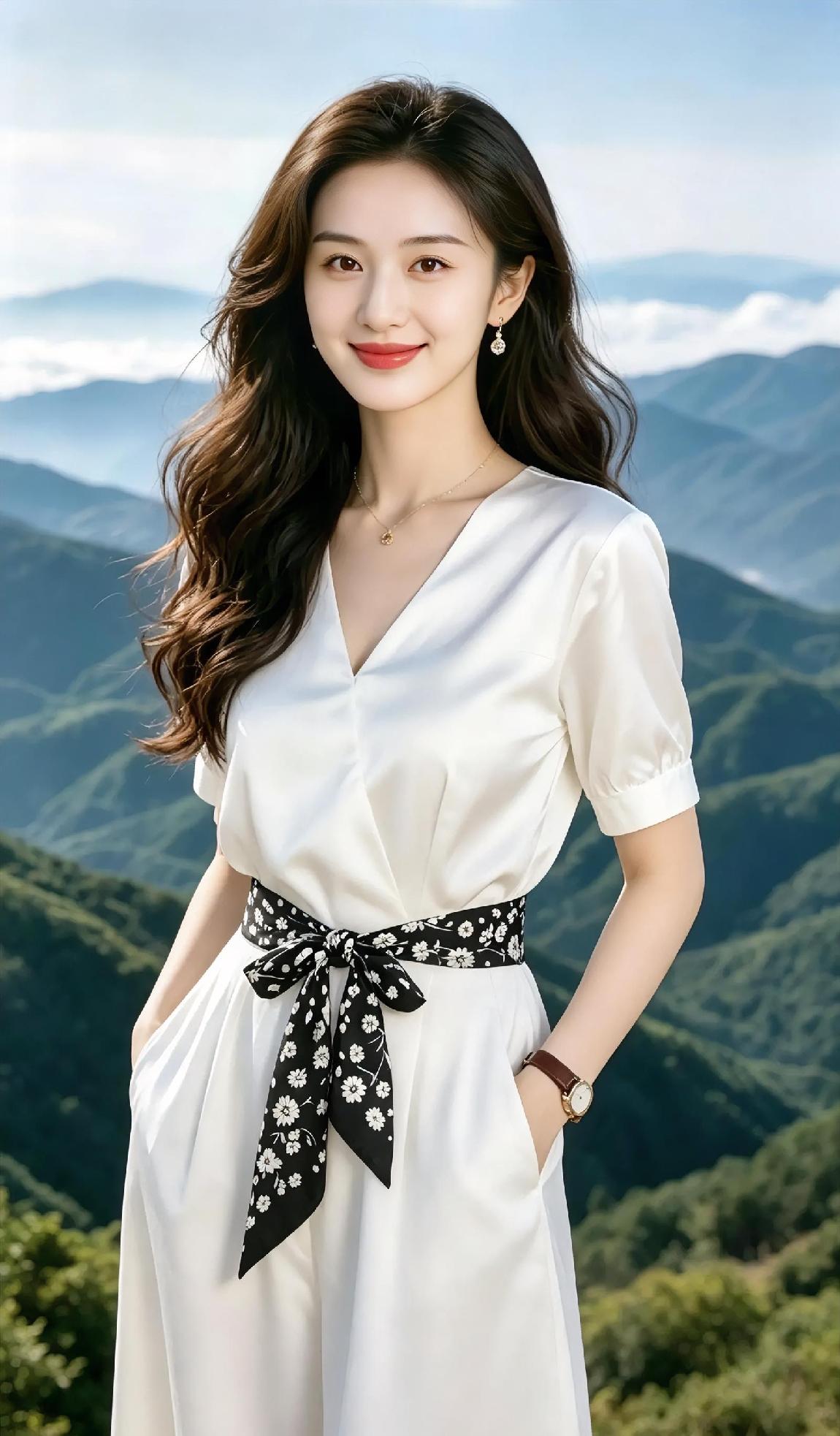 白云缭绕在青翠的山间，

一袭白衣，

随风轻颤。

碎花丝带系住腰身，

也系