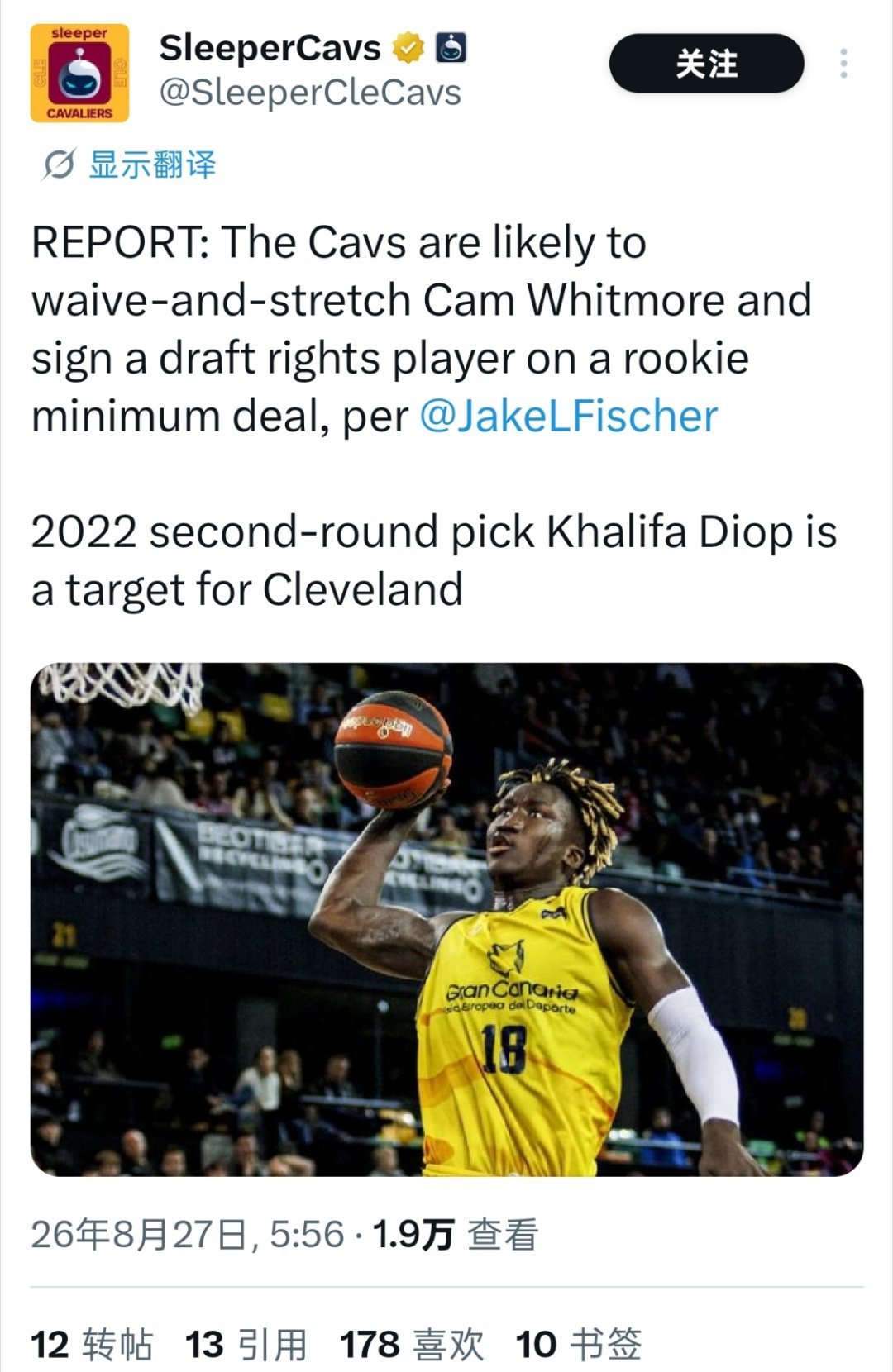▲Jake Fischer说骑士大概率要用延伸条款裁了惠特莫尔，然后用底薪签22