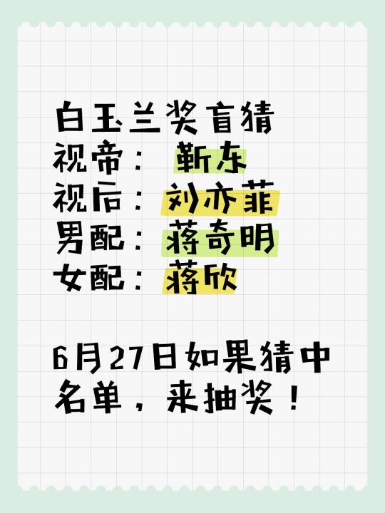 白玉兰奖盲猜 视帝： 靳东 视后：刘亦菲 男配：蒋奇明 女配：蒋欣 	...