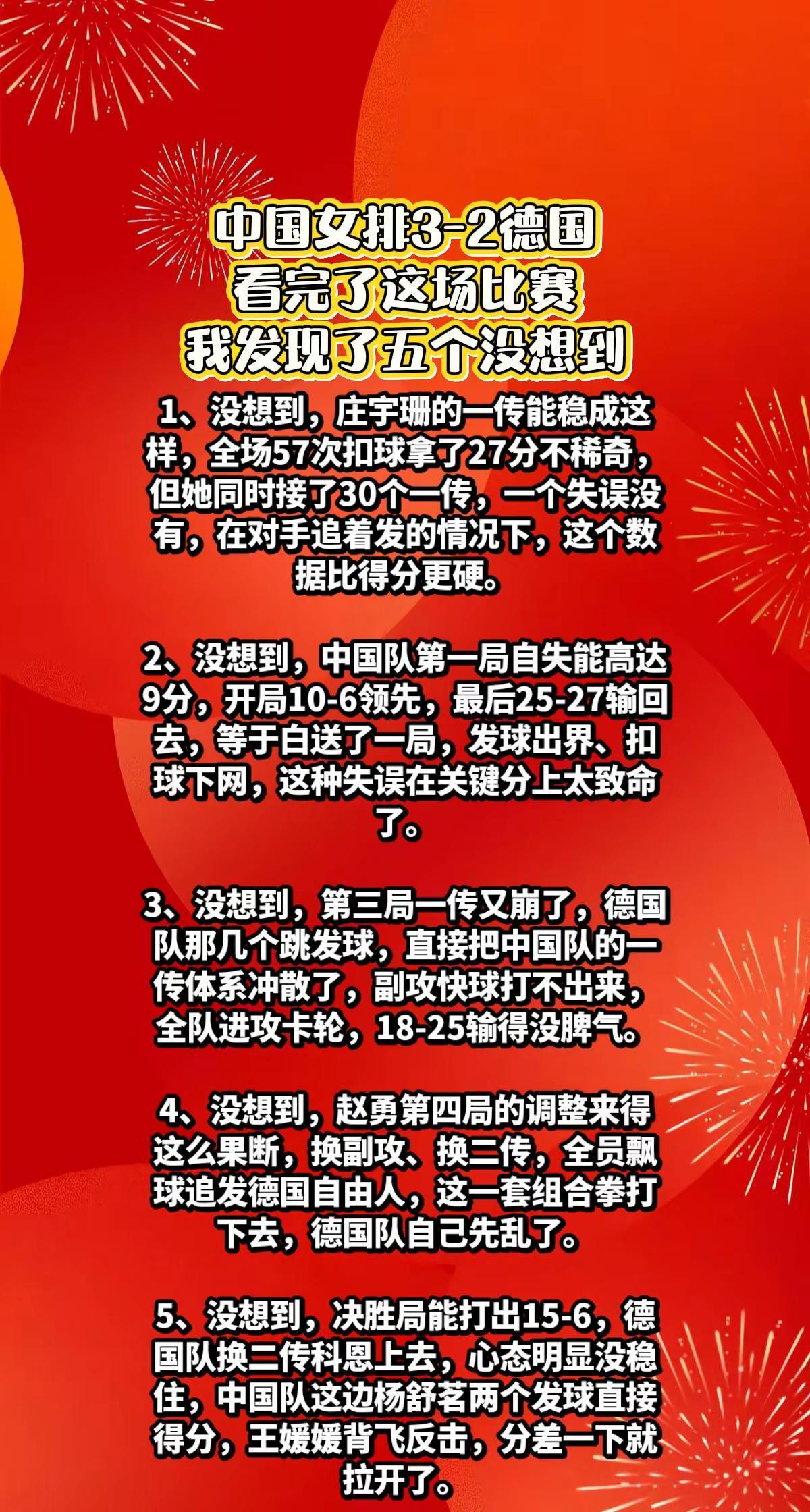 中国女排3-2德国，赛后有5大没想到。