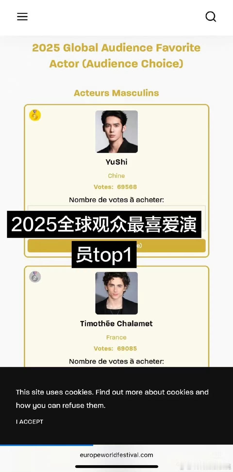 于适太牛了吧！2025欧洲世界电影节观众选择奖（相当于百花奖）全球第一！这奖得花