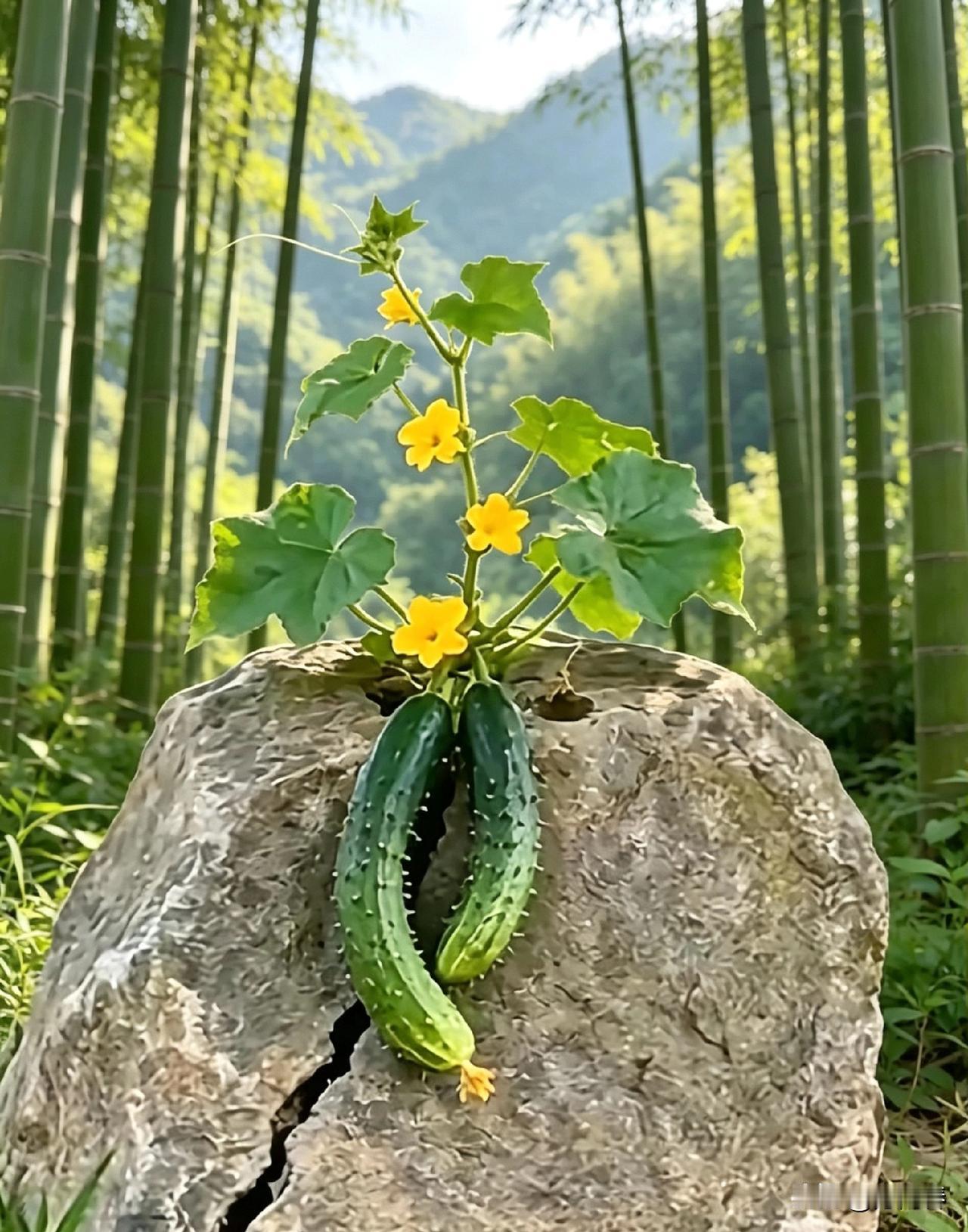 石隙黄瓜（诗配图）
文/方尚春
 
顽石何年裂古皴，忽抽翠蔓破荒垠。
金英缀顶摇