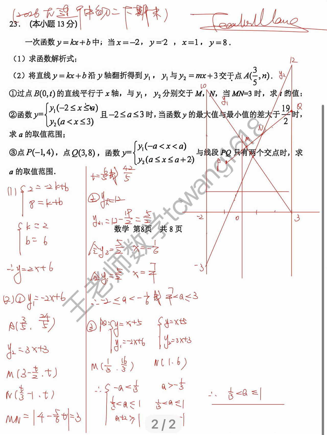 2026大连9中初二下期末考试23题
一次函数分段函数
区间最值和交点的问题
模