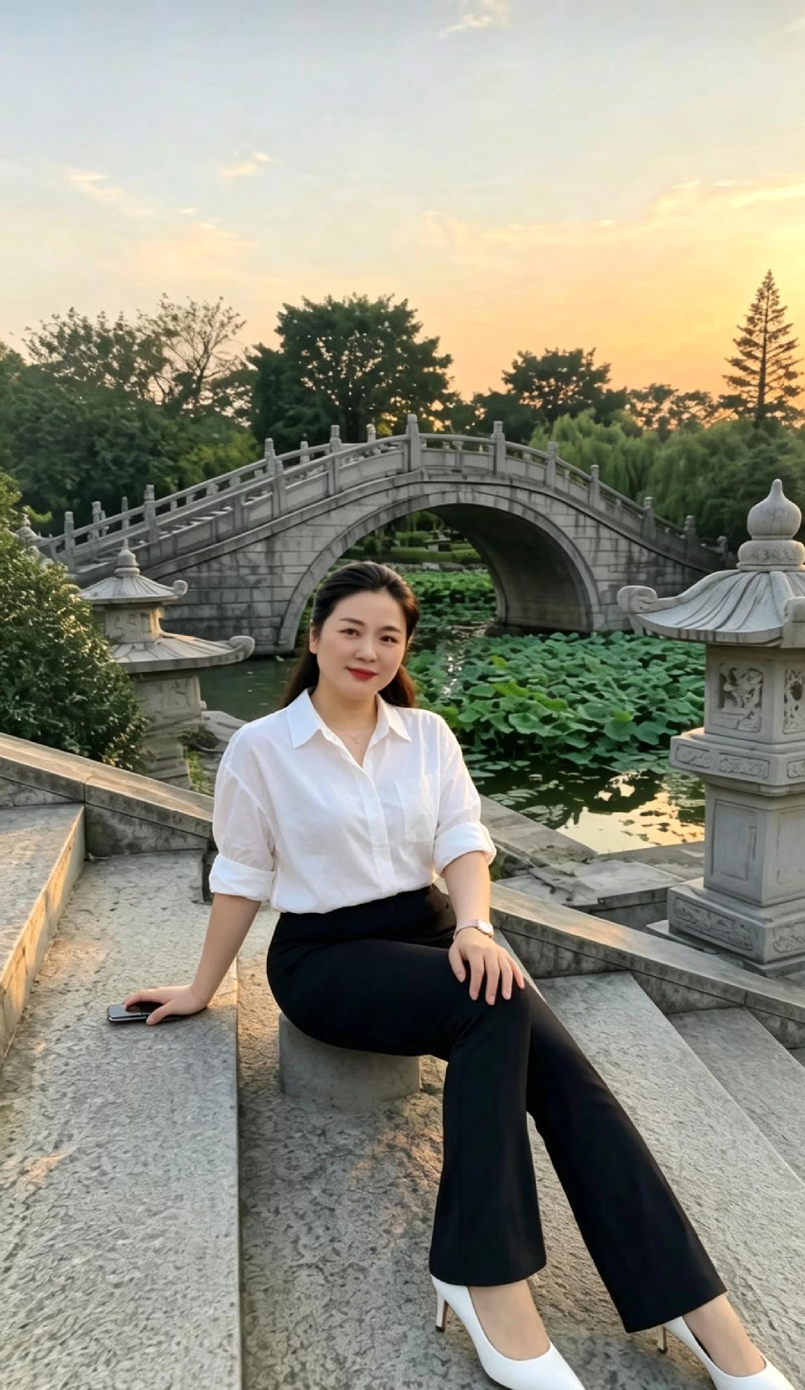 湖畔佳人韵味十足
 
谁能拒绝三十八九岁成熟姐姐独有的温婉风情，中式园林落日下氛
