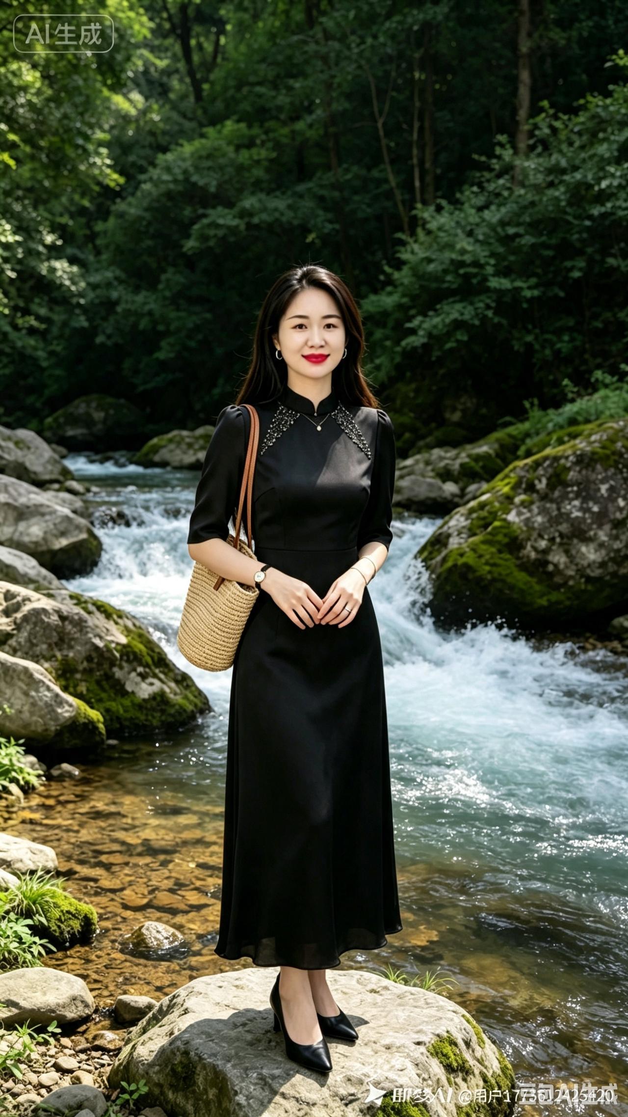 溪畔旗袍佳丽
清溪漱石绕青山，叠翠林阴映丽颜。
墨韵旗袍凝雅意，柔丝垂落衬恬然。