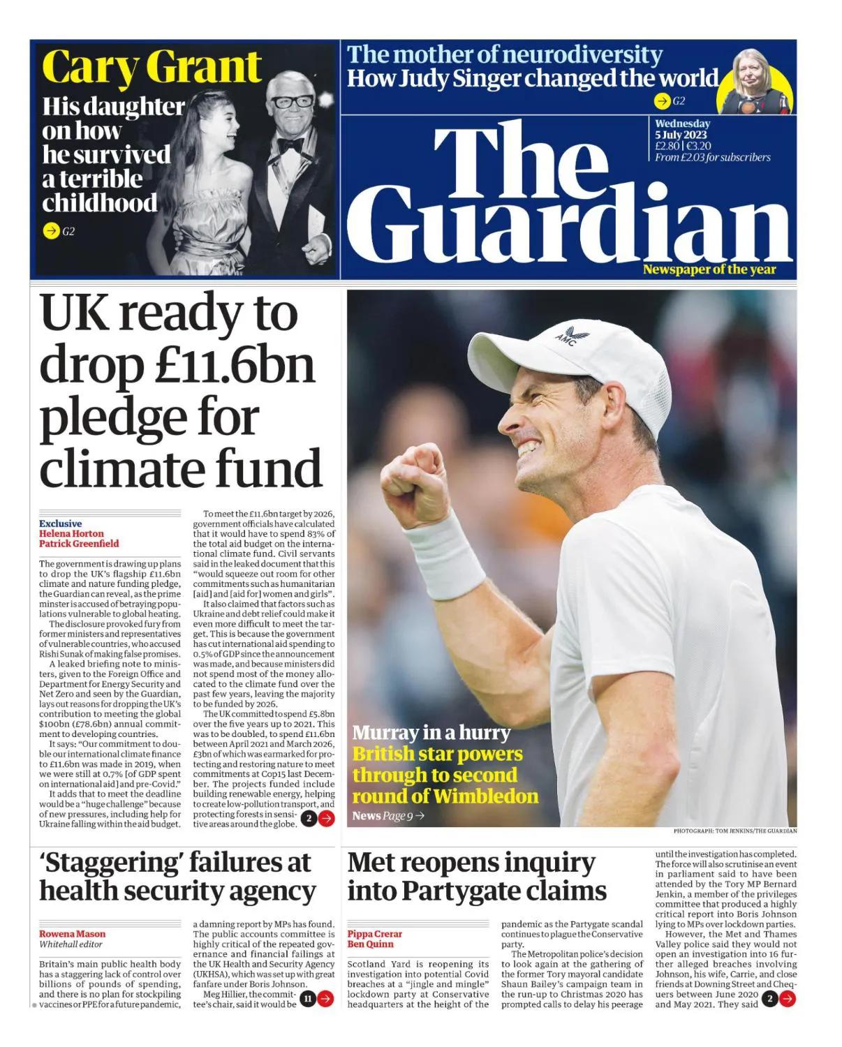  英国名将穆雷温网首轮晋级

《卫报》在头版刊登照片报道，英国名将穆雷昨天也在温