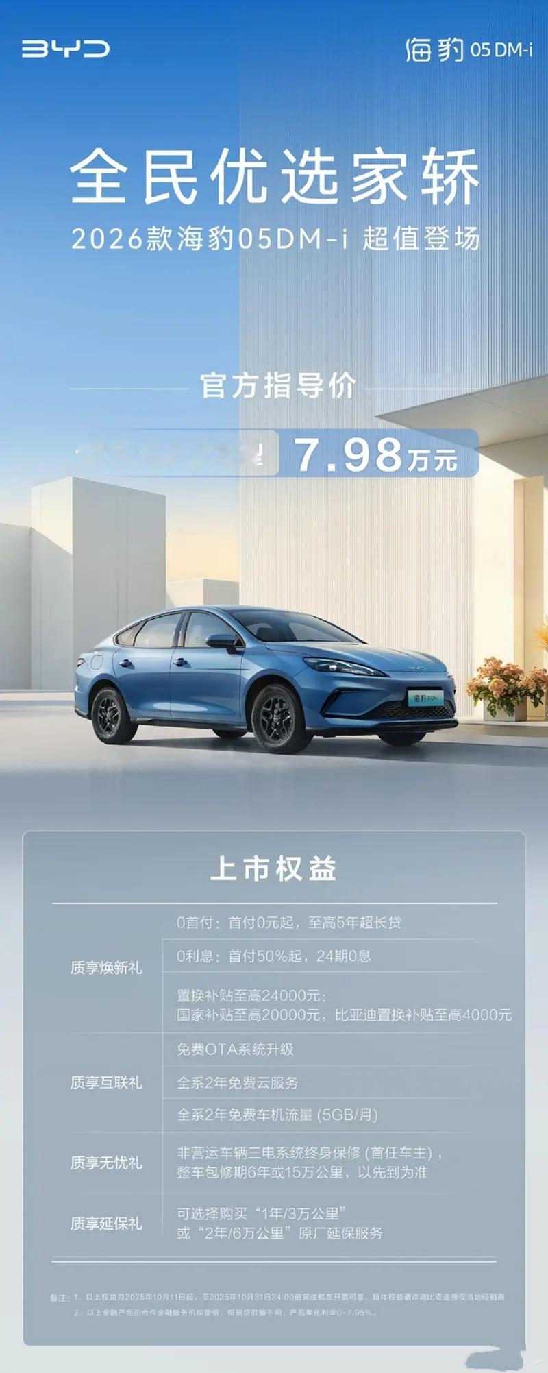 10月11日，比亚迪宣布2026款海豹05DM-i 128KM豪华型正式上市，售