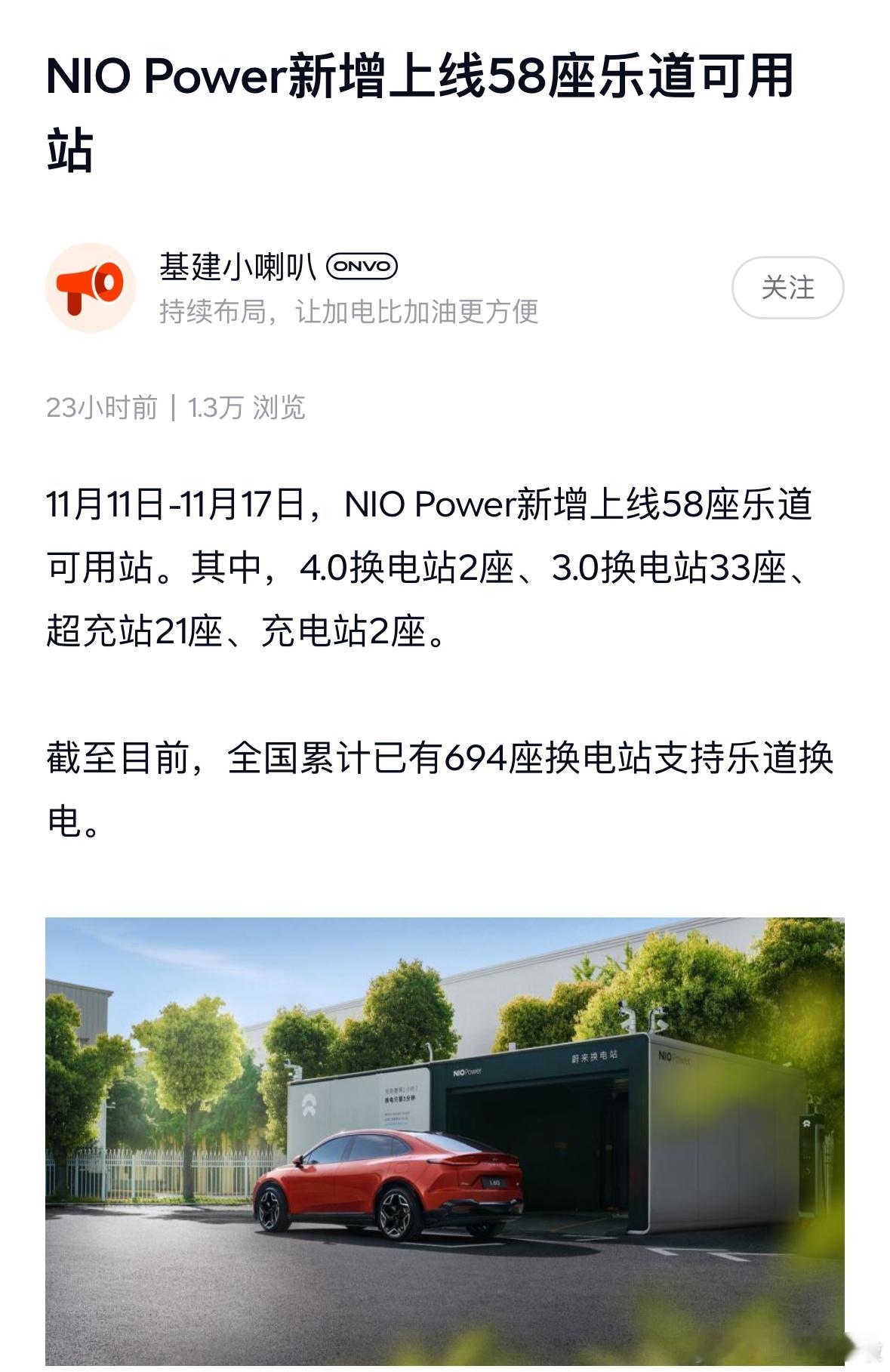 11月11日-11月17日，NIO Power新增上线58座乐道可用站。其中，4