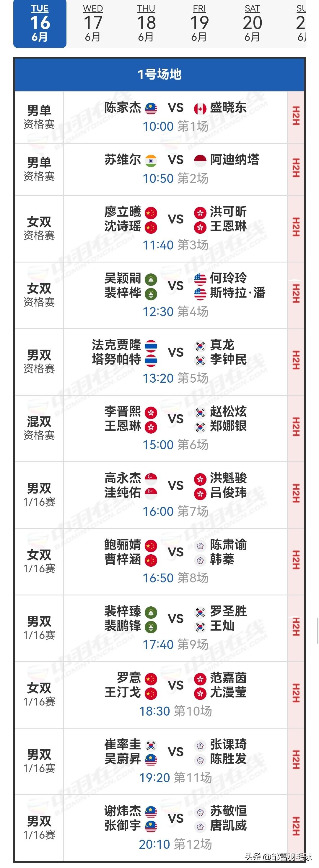 6月16日2026澳门羽毛球公开赛首日赛程安排

明日，超级300级别的2026