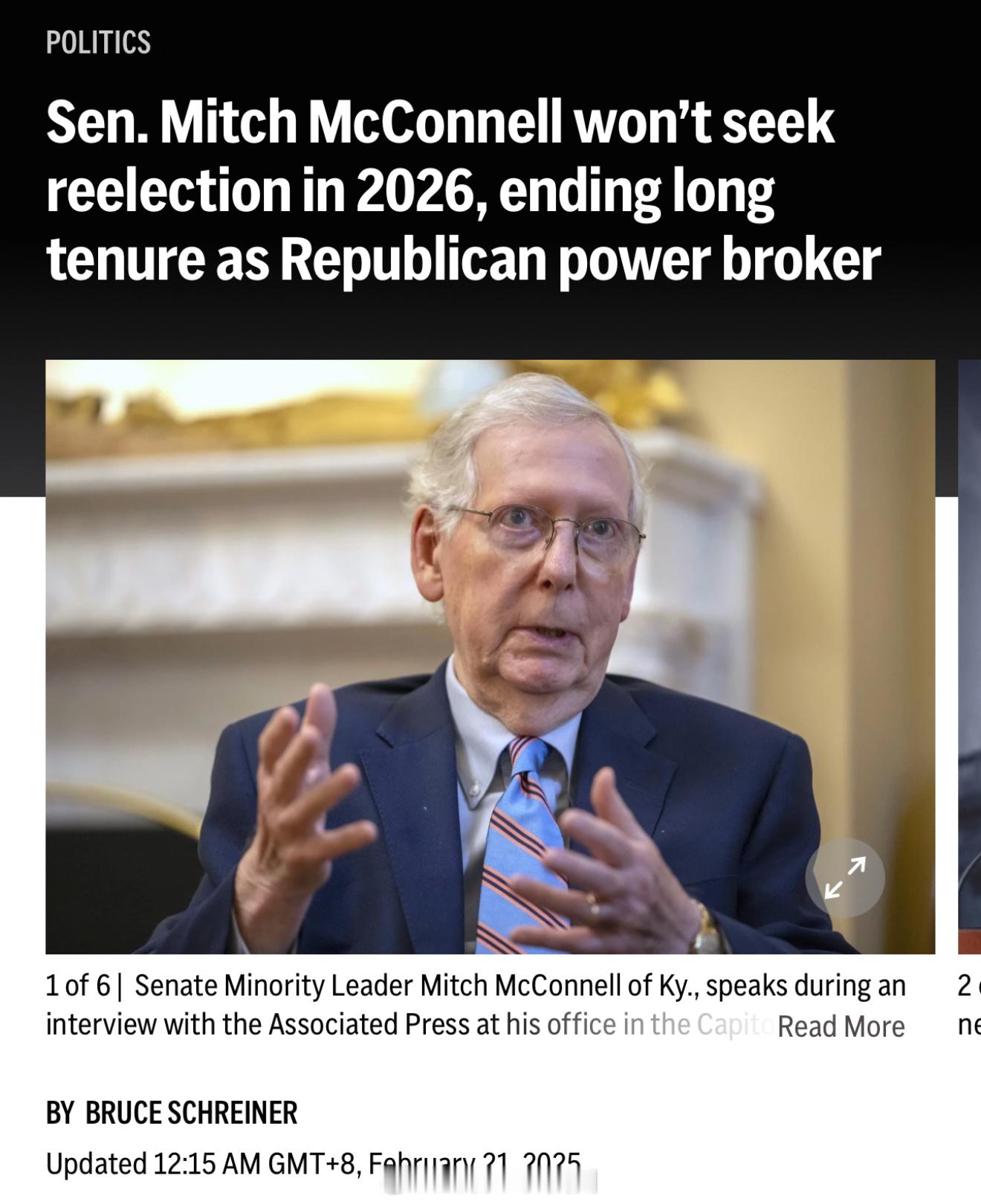 Mitch McConnell宣布这届干完退休。 