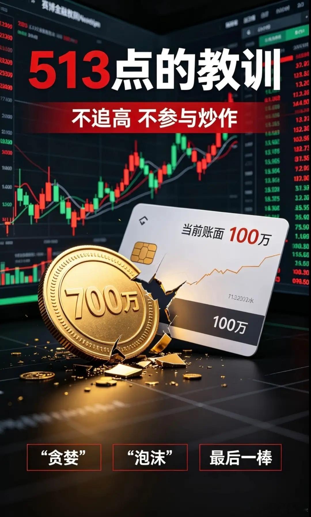 如果你在513点投了长某某新700万，那么，现在你的账面就剩100万了！不追高，