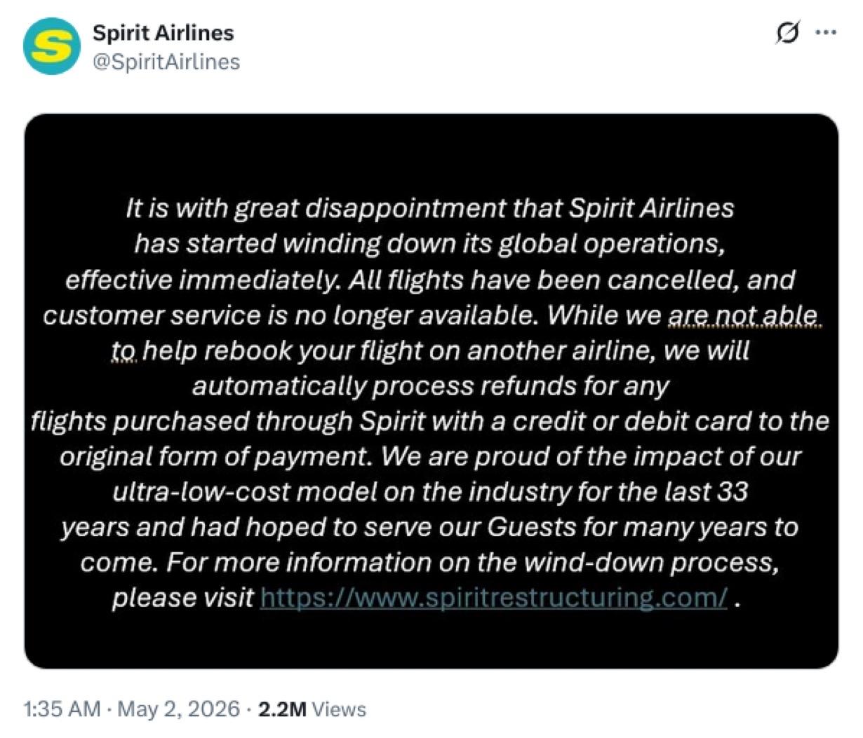 美国精神航空公司Spirit Airlines 在今晨 1:35 宣布，在近 3
