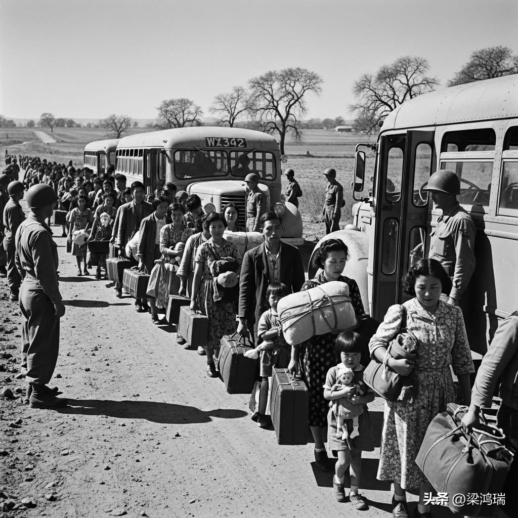 这张黑白照片捕捉到了第二次世界大战期间，日裔美国人被强制撤离至搬迁中心（通常被称