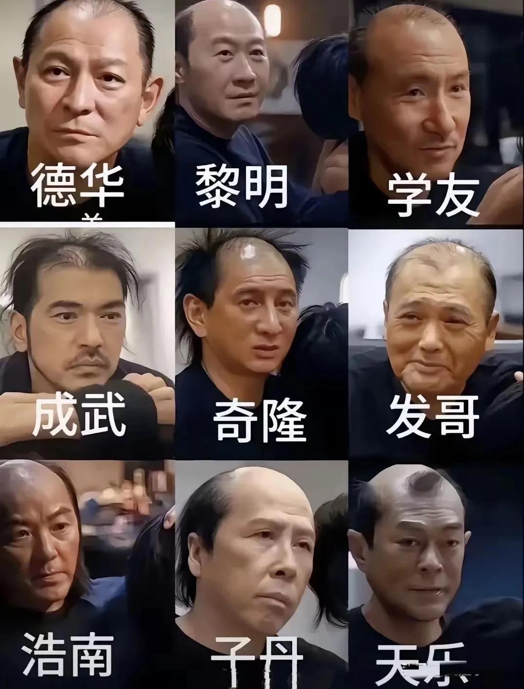 离开了浓密的头发，这些老帅男怎么都不帅了，最好看的应该是刘德华，不受发型的连累和