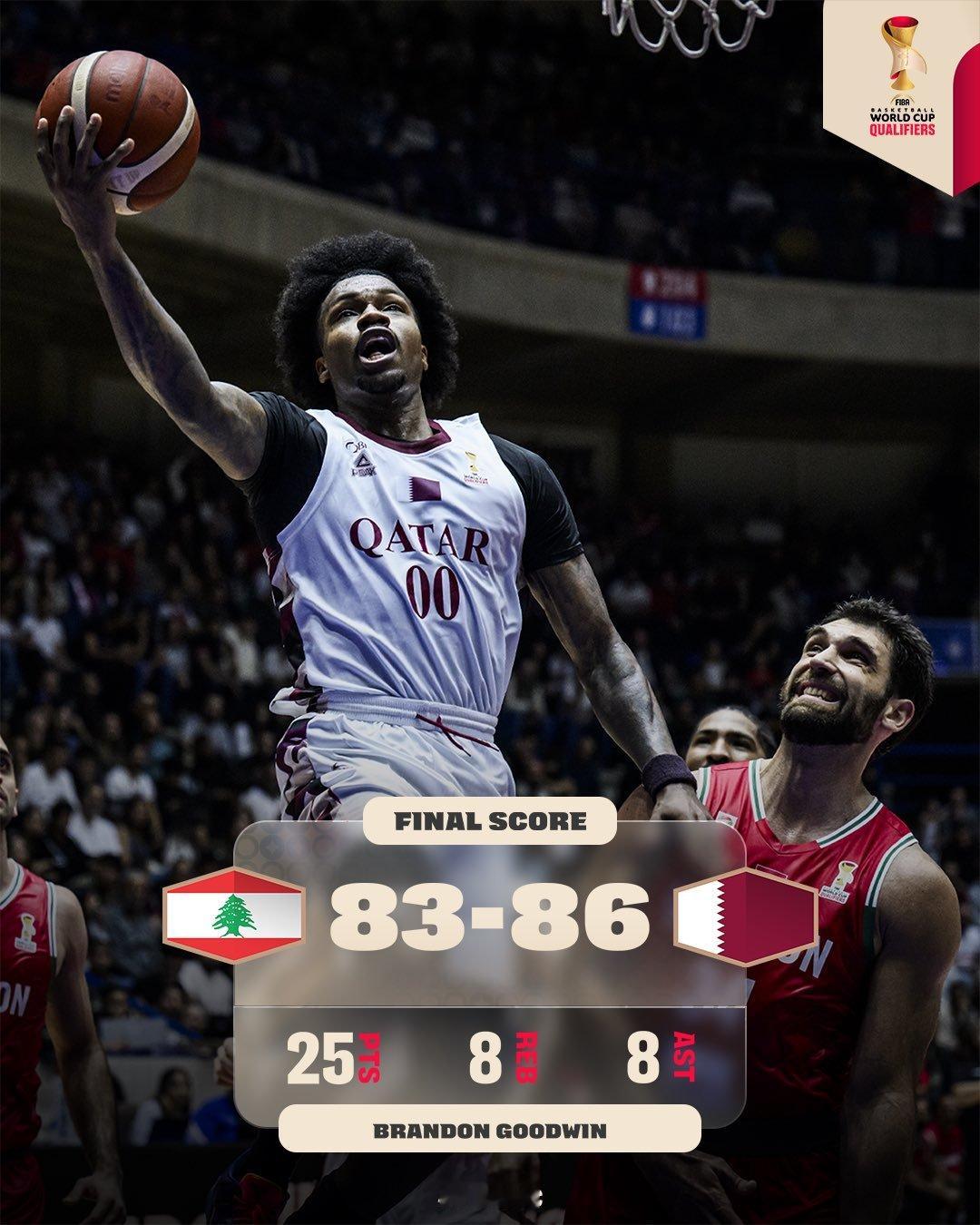 世预赛，古德温25+8+8带领卡塔尔击败黎巴嫩，对面阿拉基21+8，劳森17分。