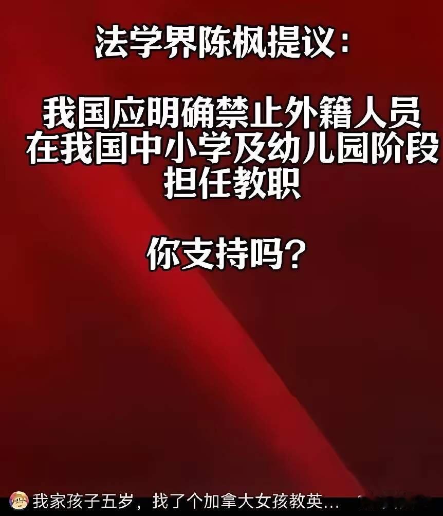 法学界人士陈枫提出，我国应通过立法明确规定，不允许外籍人士在幼儿园、小学及初中阶