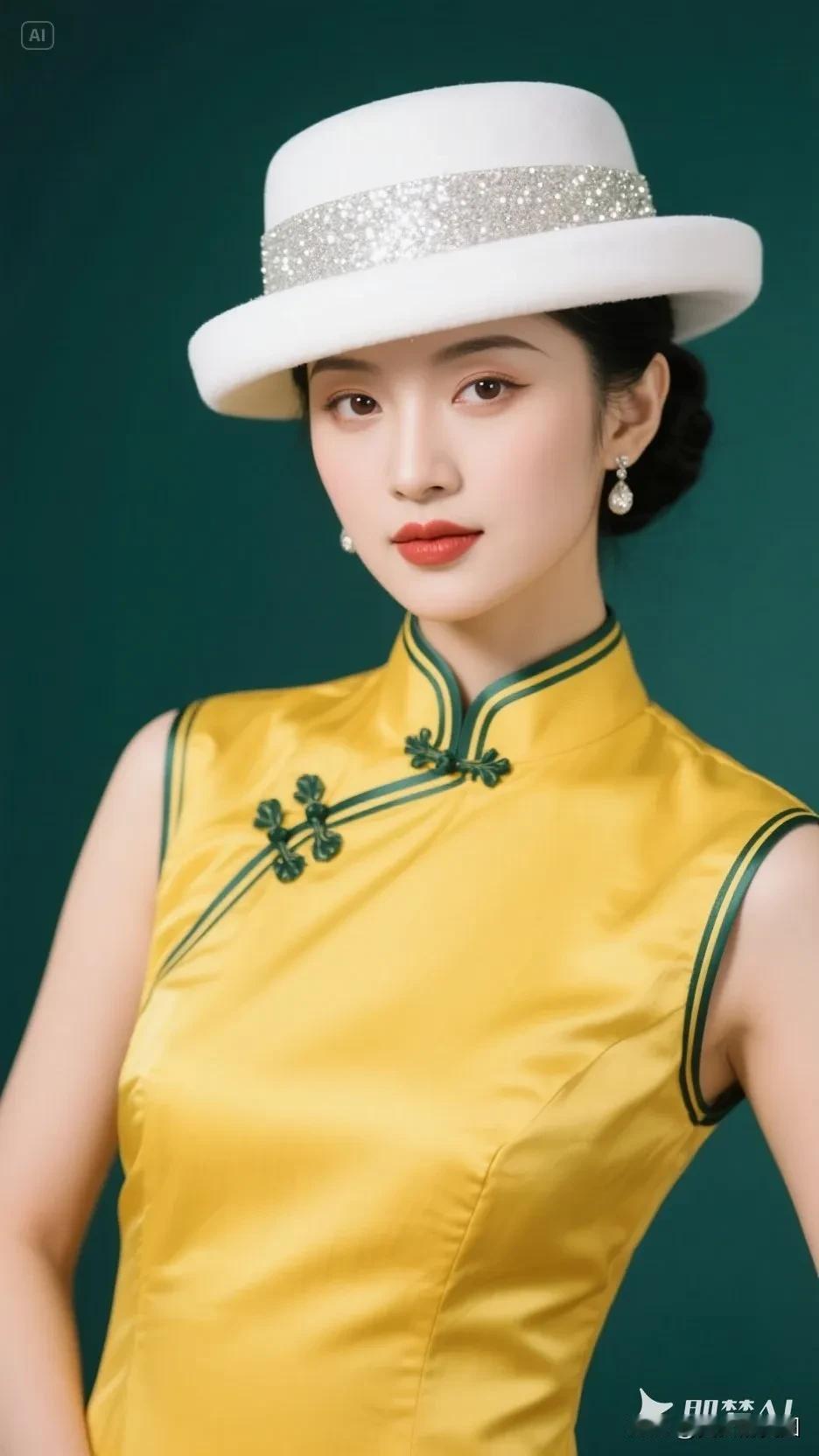 白色帽子的黄色旗袍美人（195）