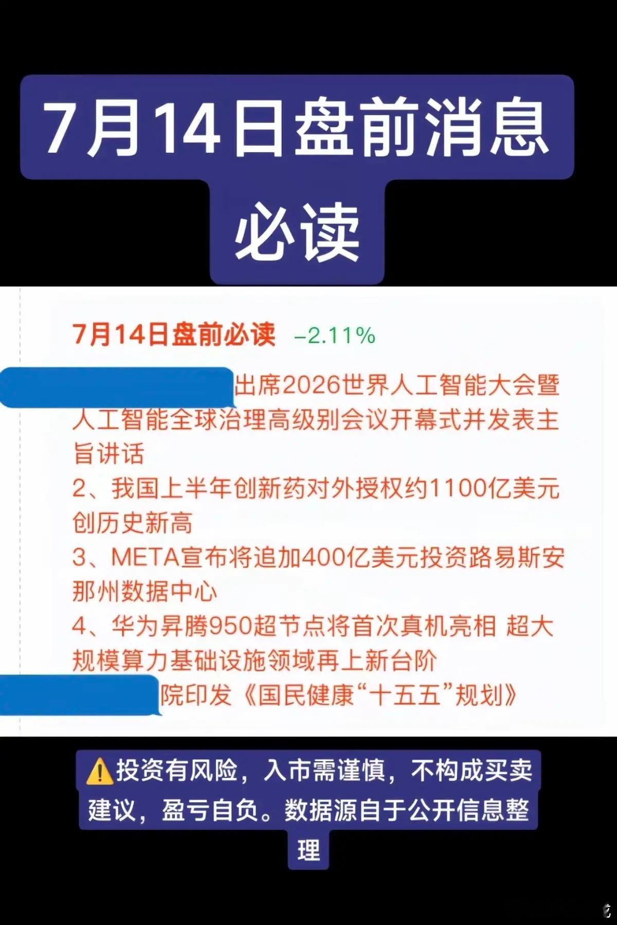 7.14周二  盘前：财经热点信息必读！1.人工智能，AI应用2.创新药3.算力