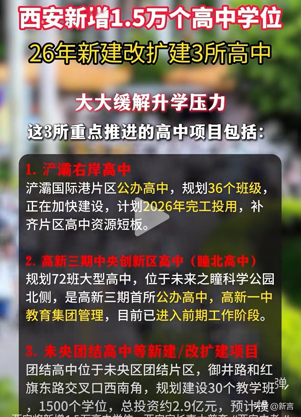 2026年，西安将扩建三所高中，新增1.5万个高中学位，以缓解高中升学压力，届时