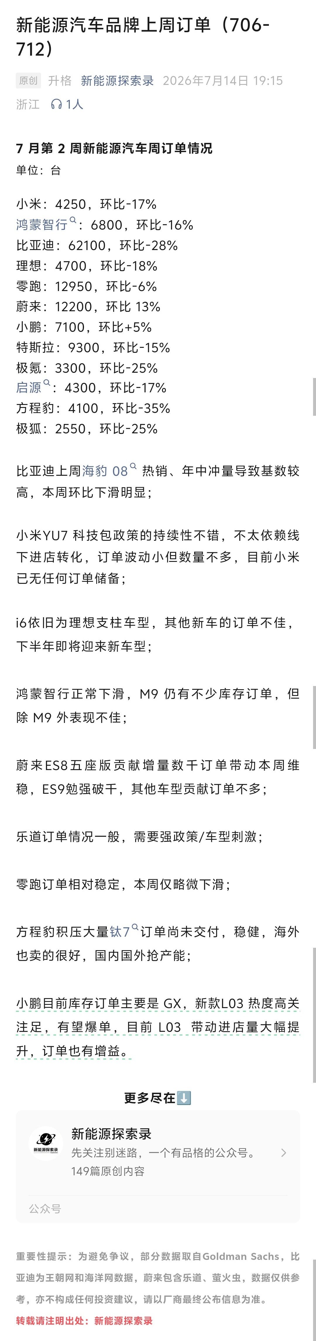 新能源汽车品牌上周订单（7.6-7.12）- 