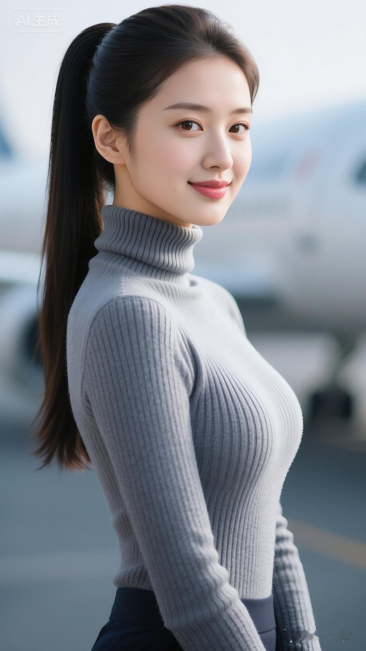 这位小姐姐穿着高领毛衣，笑容甜美。