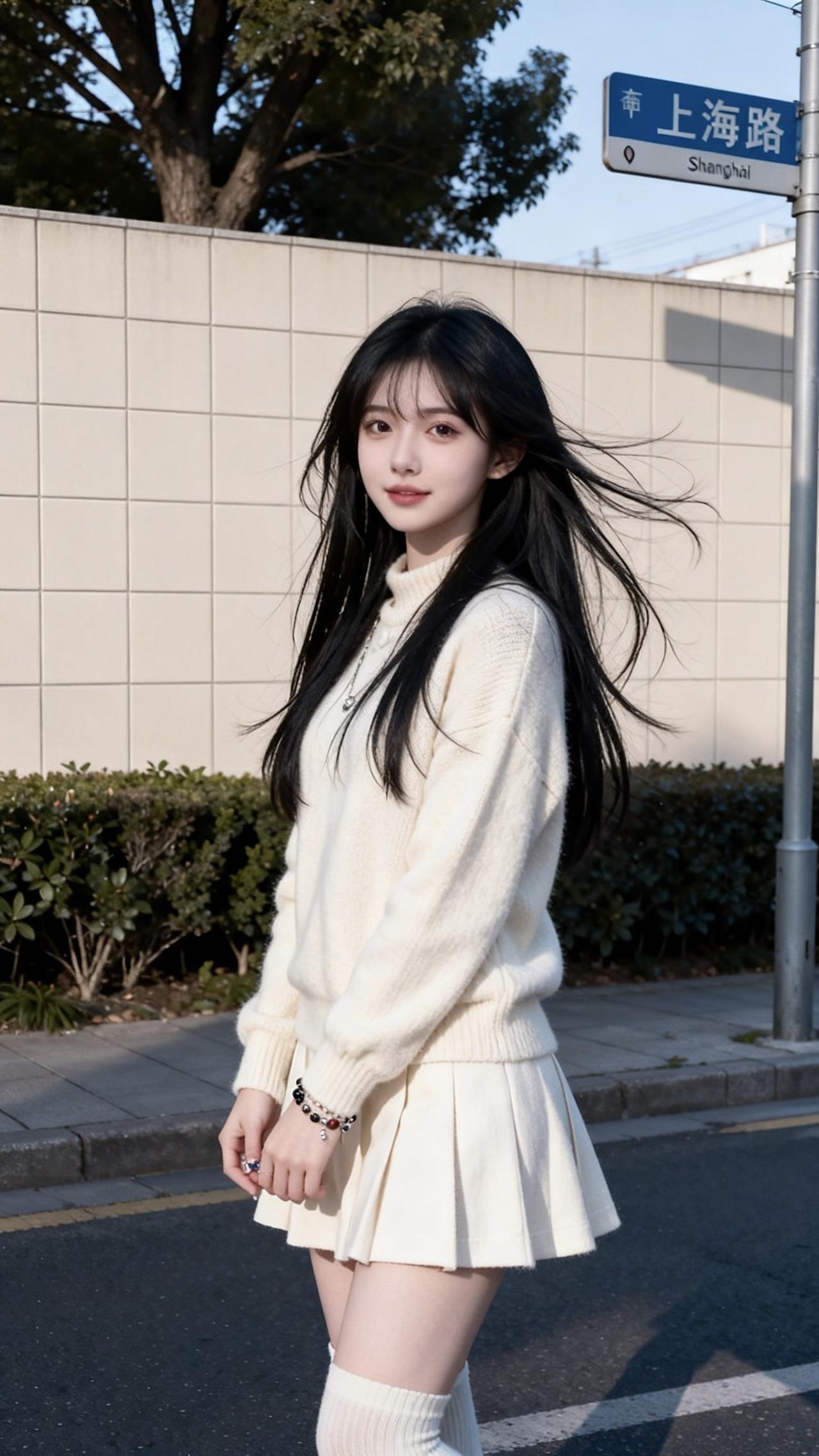 温柔少女风，白色毛衣搭配短裙，清新自然。