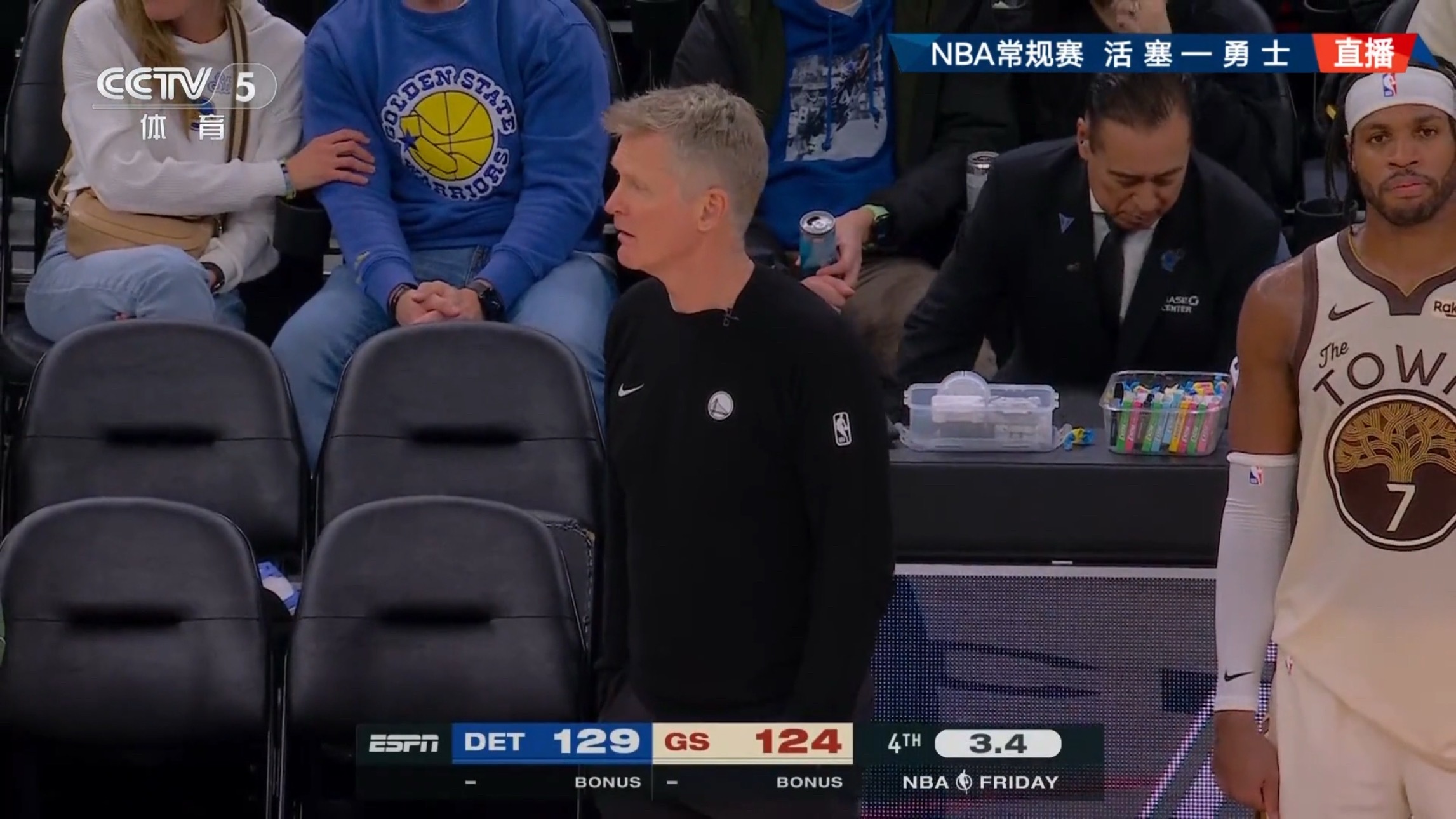 库里伤退，勇士124-131活塞。 