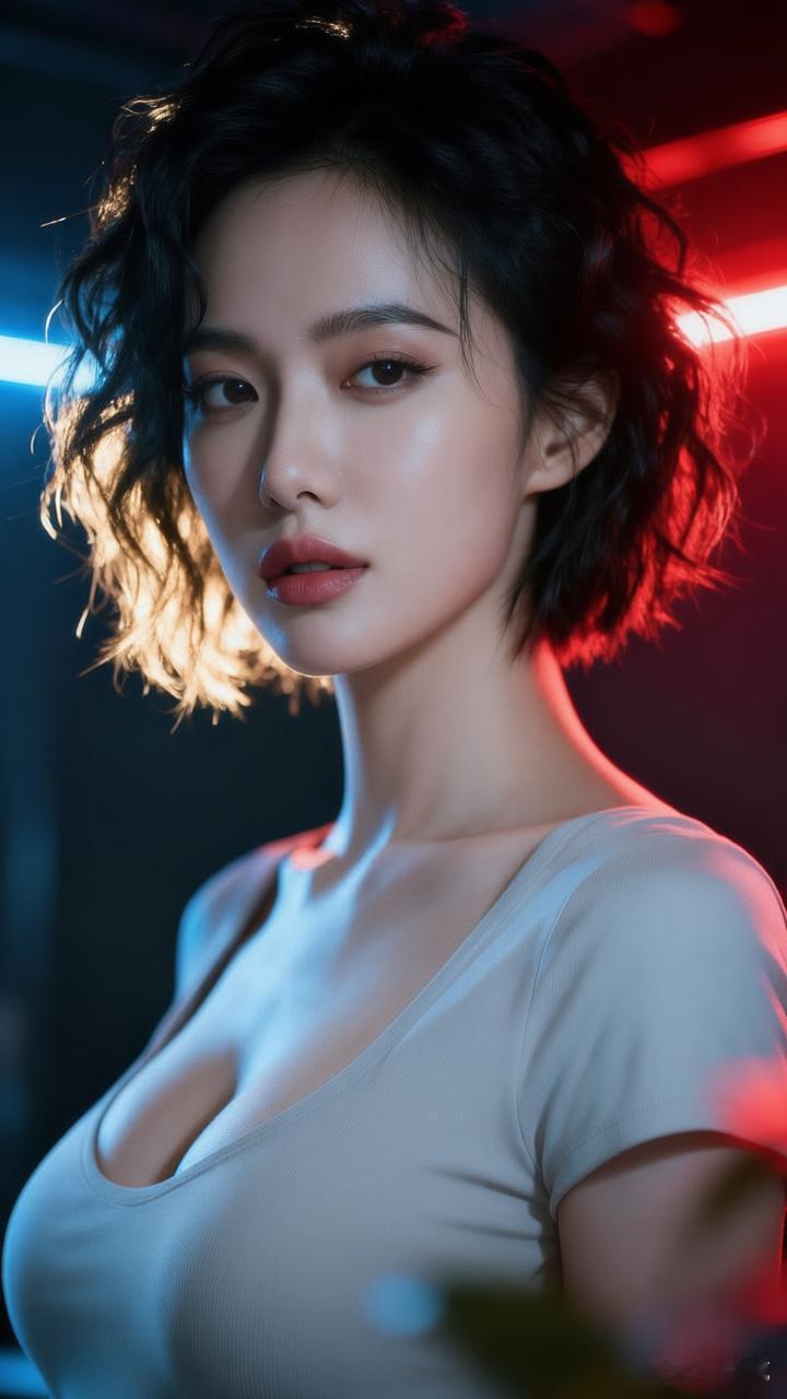 九帧同绘冷艳仙。乌发利落卷，浅灰/白衣露锁骨，肩颈线如画。眉眼藏星眸深邃，红唇似