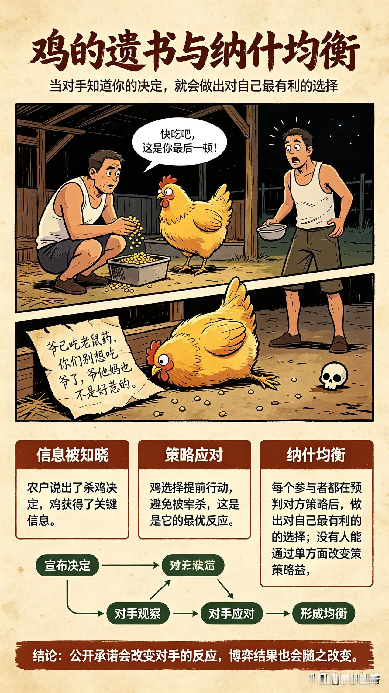 第二天一早，鸡直挺挺躺在地上，还留下一封遗书：老子已经服下老鼠药，休想拿我下锅，